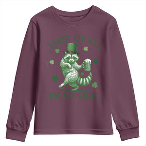 Funny St Patricks Day Raccoon Youth Sweatshirt First Of All I Am A Delight Trash Panda Drinking Beer TS11 Maroon Print Your Wear