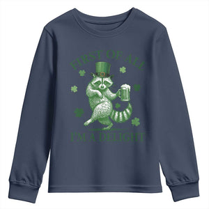 Funny St Patricks Day Raccoon Youth Sweatshirt First Of All I Am A Delight Trash Panda Drinking Beer TS11 Navy Print Your Wear