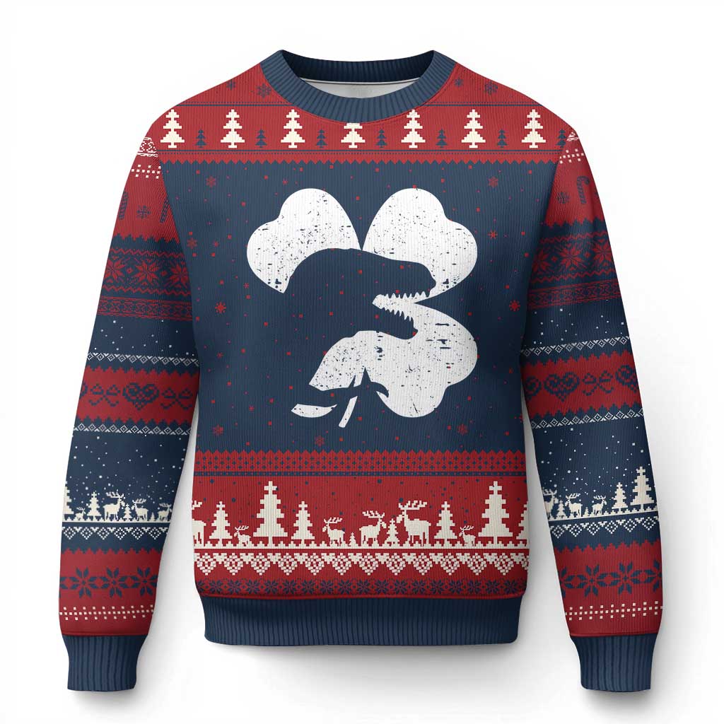 Funny St Patricks Day Dinosaur Shamrock Ugly Christmas Sweater TS11 Navy Red Print Your Wear