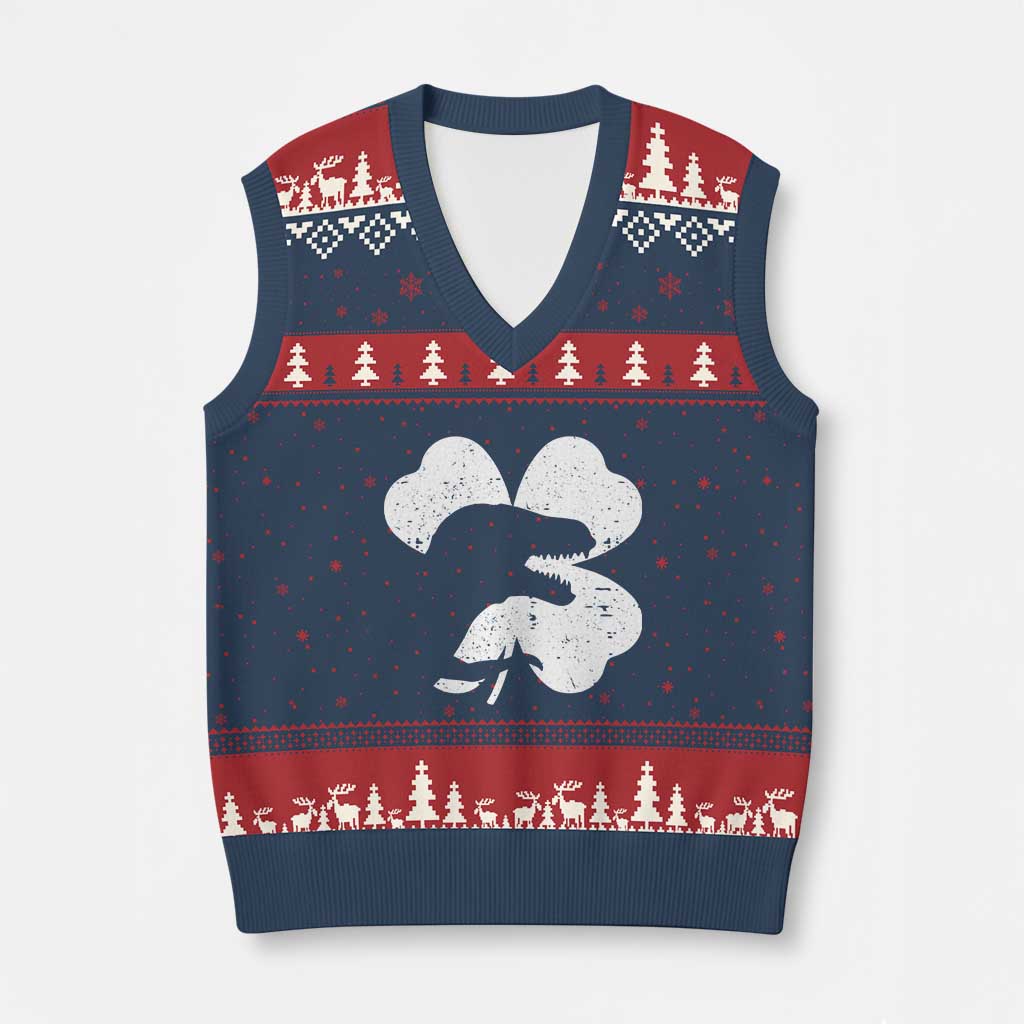 Funny St Patricks Day Dinosaur Shamrock V-Neck Knit Sweater Vest TS11 Navy Red Print Your Wear