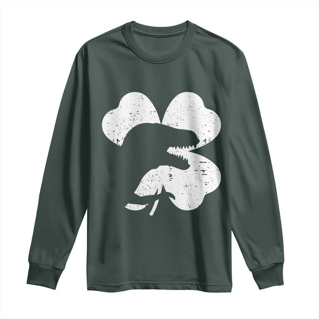 Funny St Patricks Day Dinosaur Shamrock Long Sleeve Shirt TS11 Dark Forest Green Print Your Wear