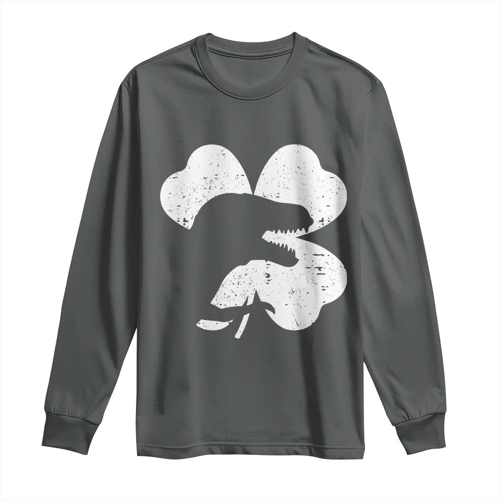 Funny St Patricks Day Dinosaur Shamrock Long Sleeve Shirt TS11 Dark Heather Print Your Wear
