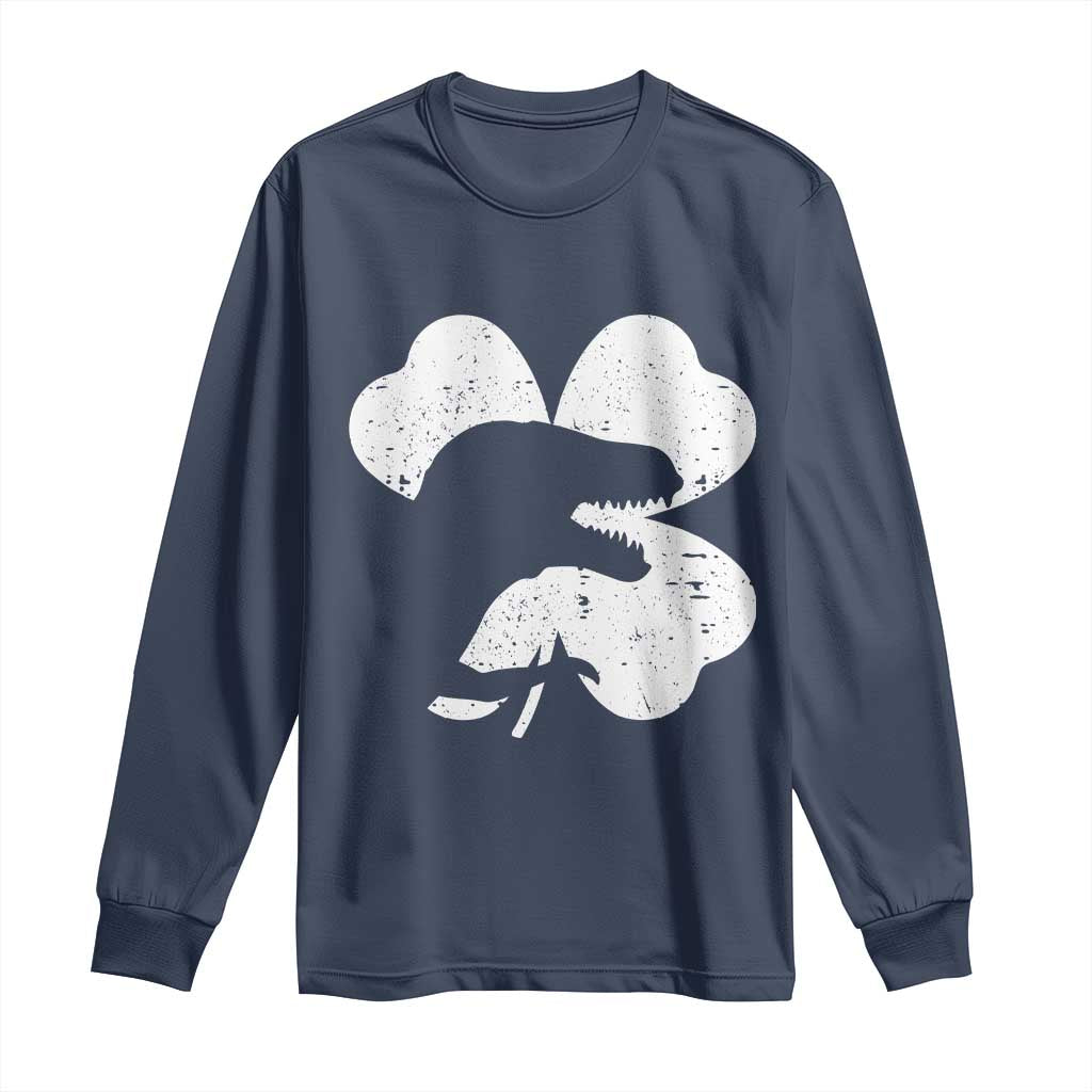 Funny St Patricks Day Dinosaur Shamrock Long Sleeve Shirt TS11 Navy Print Your Wear