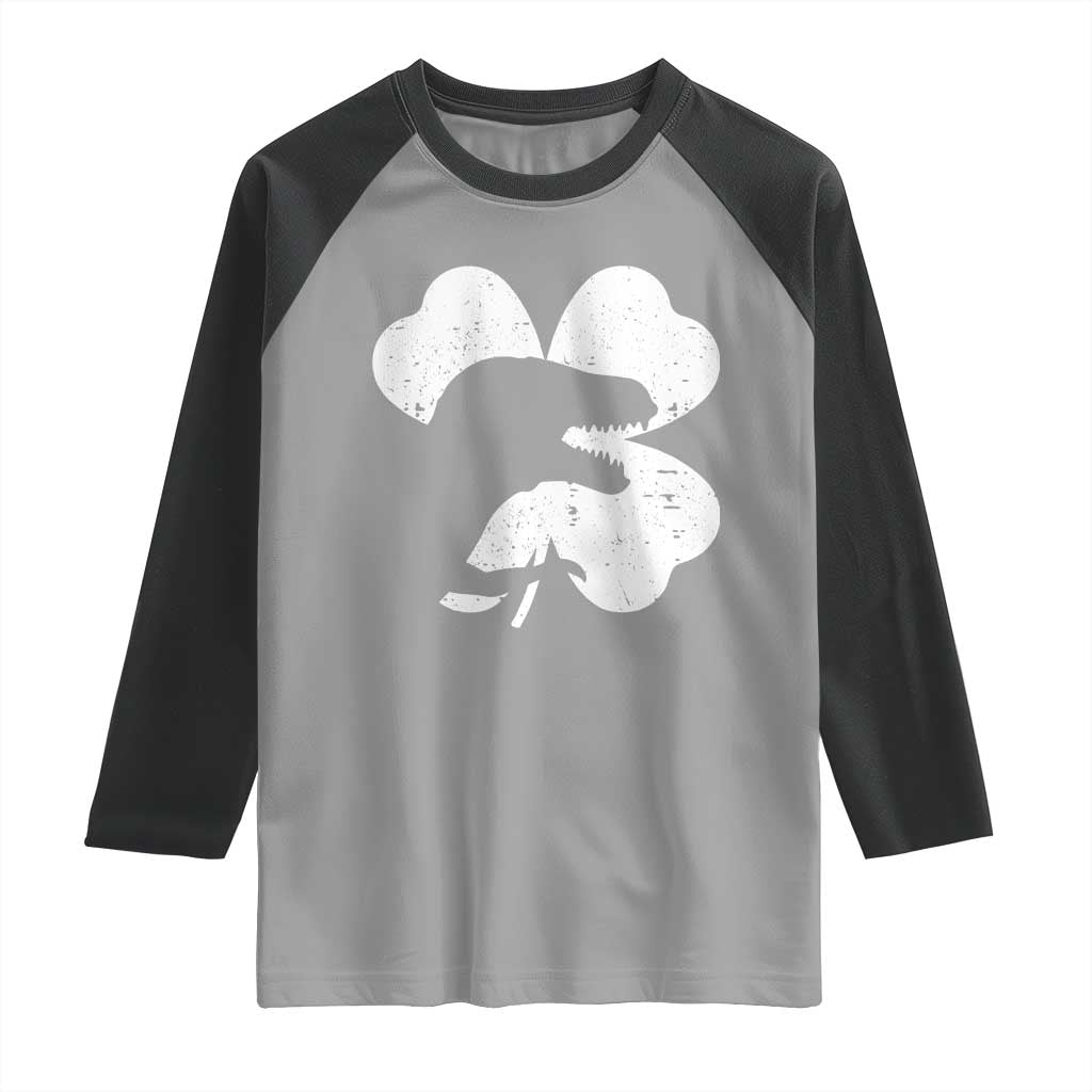 Funny St Patricks Day Dinosaur Shamrock Raglan Shirt TS11 Sport Gray Black Print Your Wear