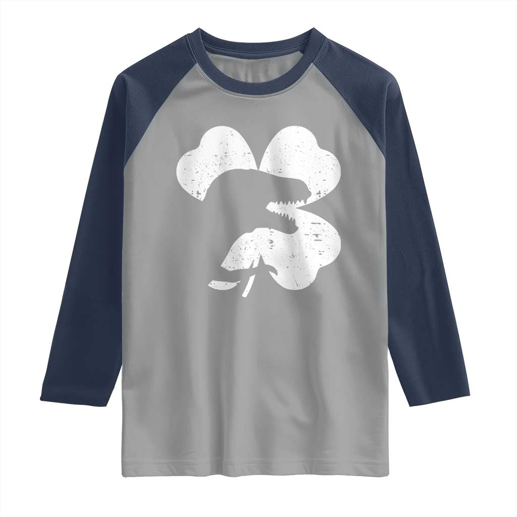 Funny St Patricks Day Dinosaur Shamrock Raglan Shirt TS11 Sport Gray Navy Print Your Wear