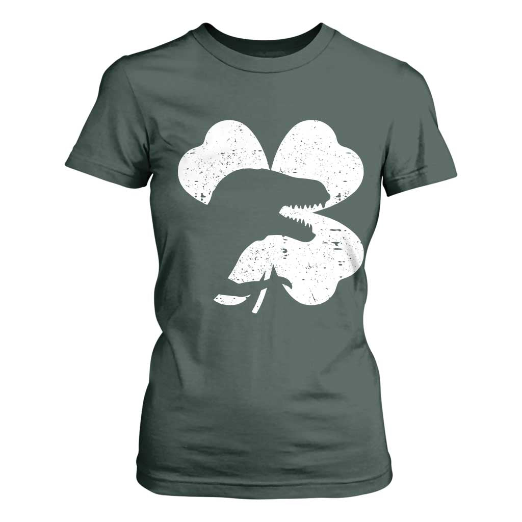 Funny St Patricks Day Dinosaur Shamrock T Shirt For Women TS11 Dark Forest Green Print Your Wear