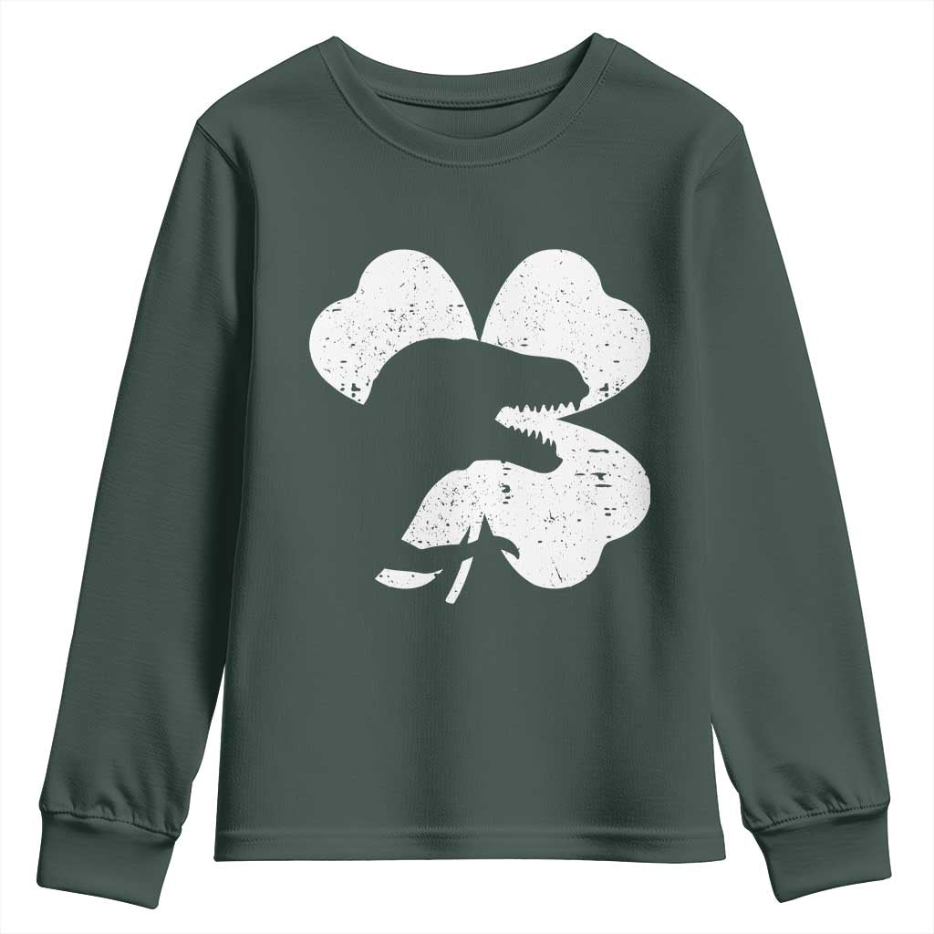 Funny St Patricks Day Dinosaur Shamrock Youth Sweatshirt TS11 Dark Forest Green Print Your Wear