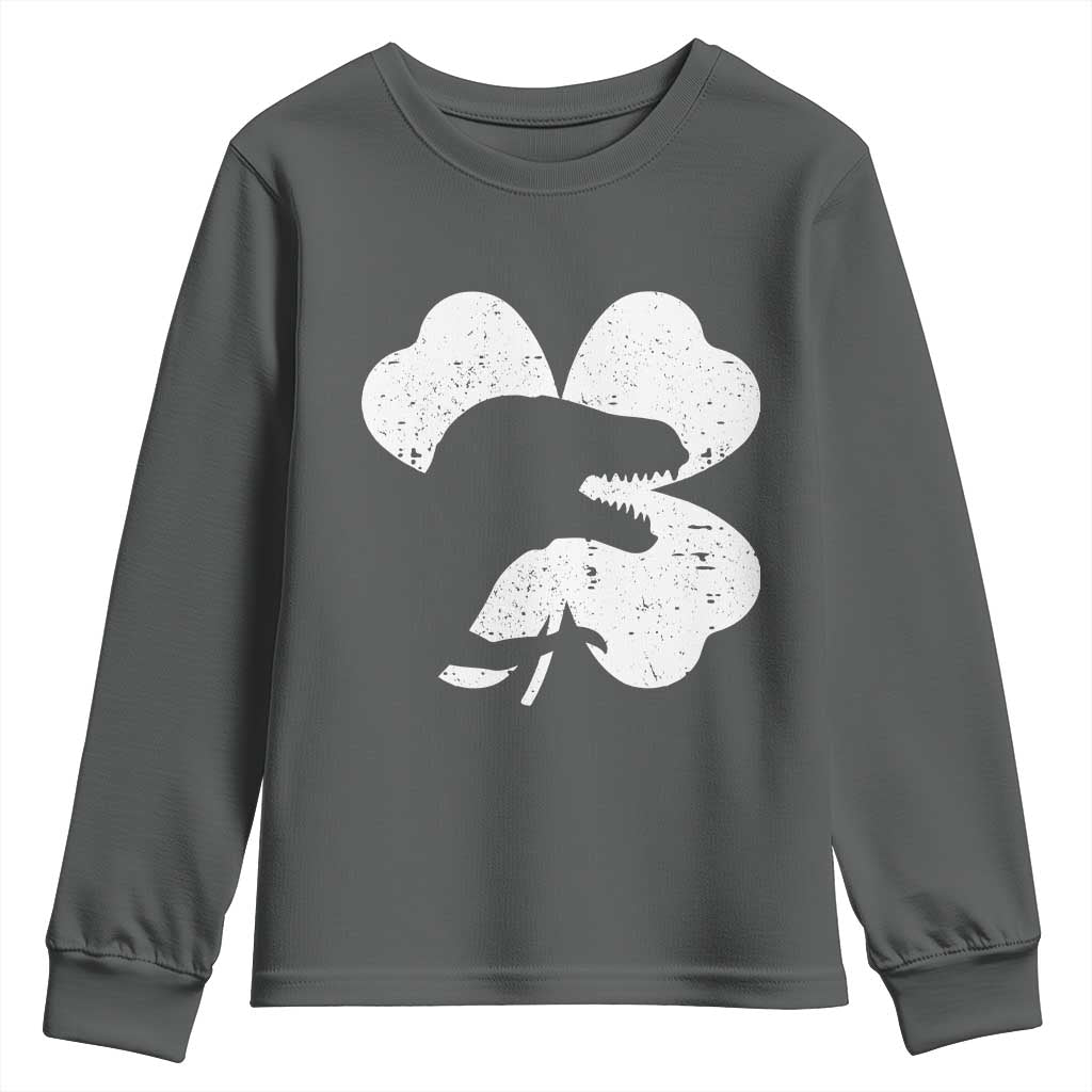 Funny St Patricks Day Dinosaur Shamrock Youth Sweatshirt TS11 Dark Heather Print Your Wear