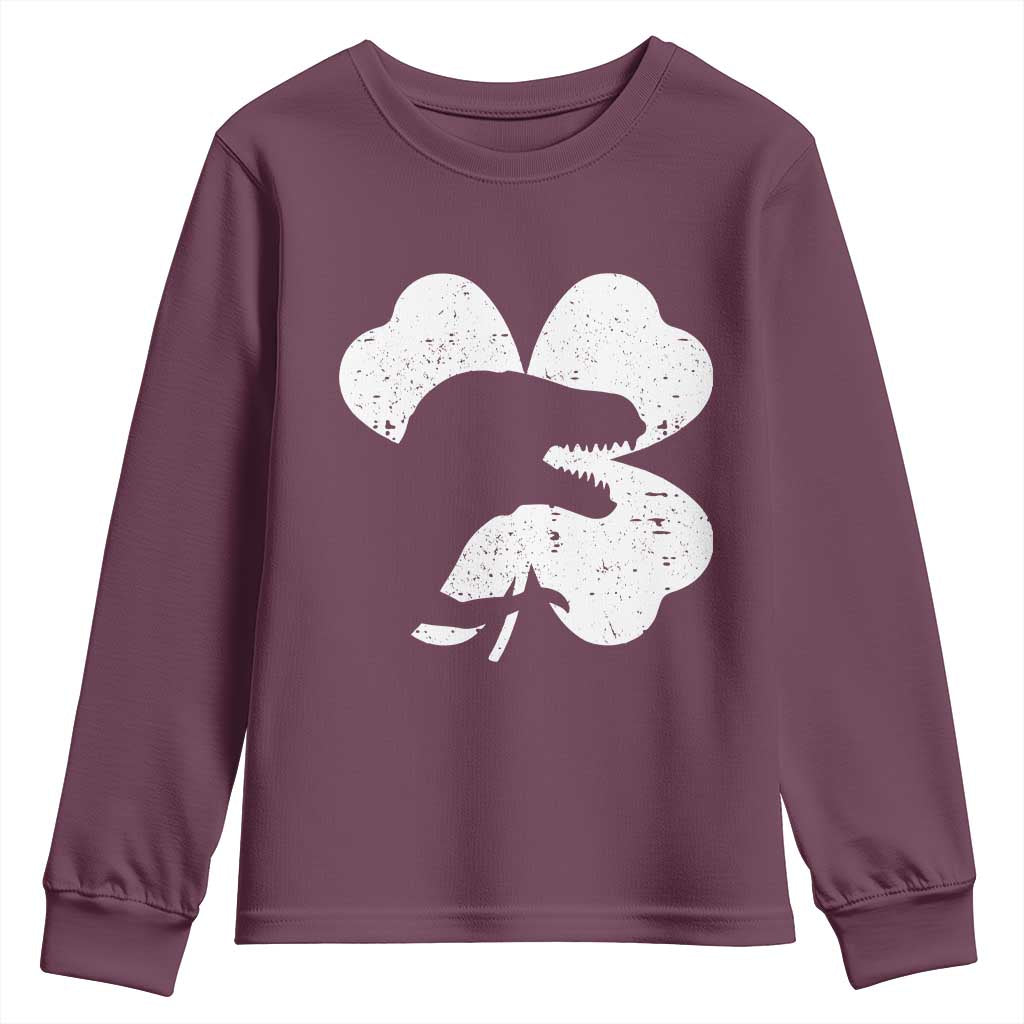 Funny St Patricks Day Dinosaur Shamrock Youth Sweatshirt TS11 Maroon Print Your Wear