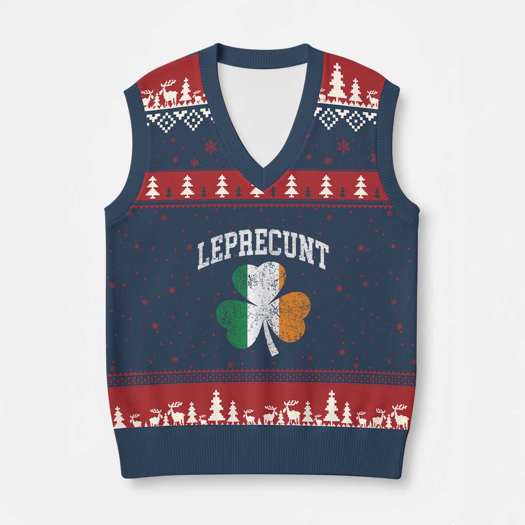 Funny Leprecunt St Patricks Day V-Neck Knit Sweater Vest Vintage Irish Shamrock Adult Humor TS11 Navy Red Print Your Wear