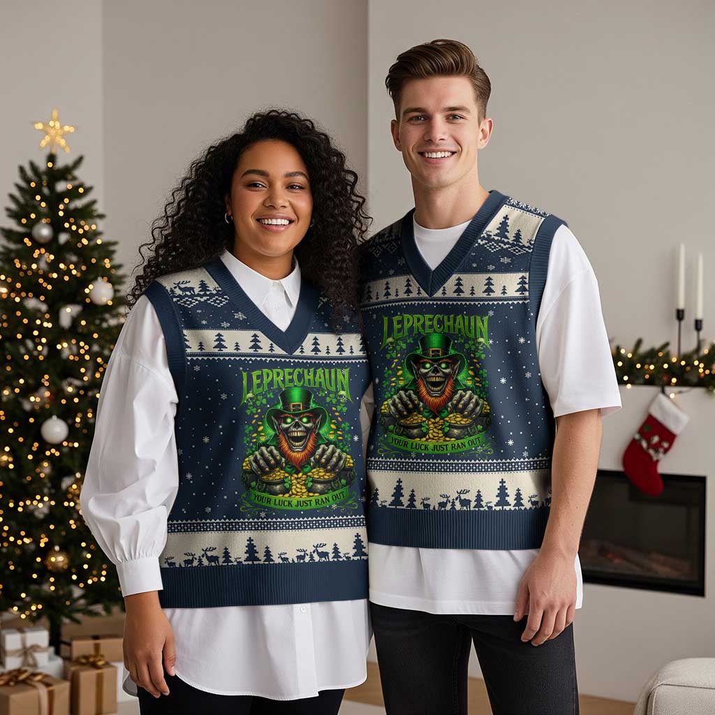 St Patricks Day Horror Leprechaun V-Neck Knit Sweater Vest Your Luck Just Ran Out Creepy St Pattys Day TS11 Navy Beige Print Your Wear