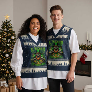 St Patricks Day Horror Leprechaun V-Neck Knit Sweater Vest Your Luck Just Ran Out Creepy St Pattys Day TS11 Navy Beige Print Your Wear