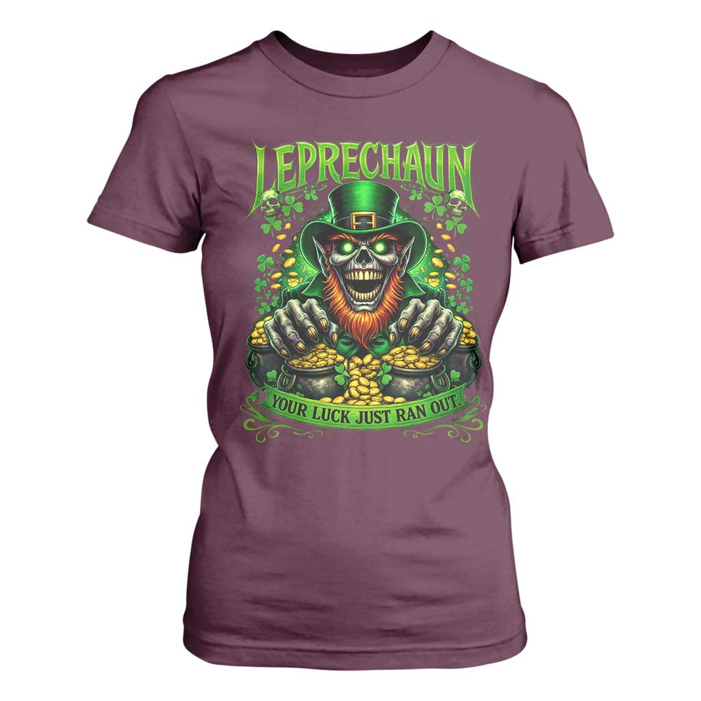 St Patricks Day Horror Leprechaun T Shirt For Women Your Luck Just Ran Out Creepy St Pattys Day TS11 Maroon Print Your Wear