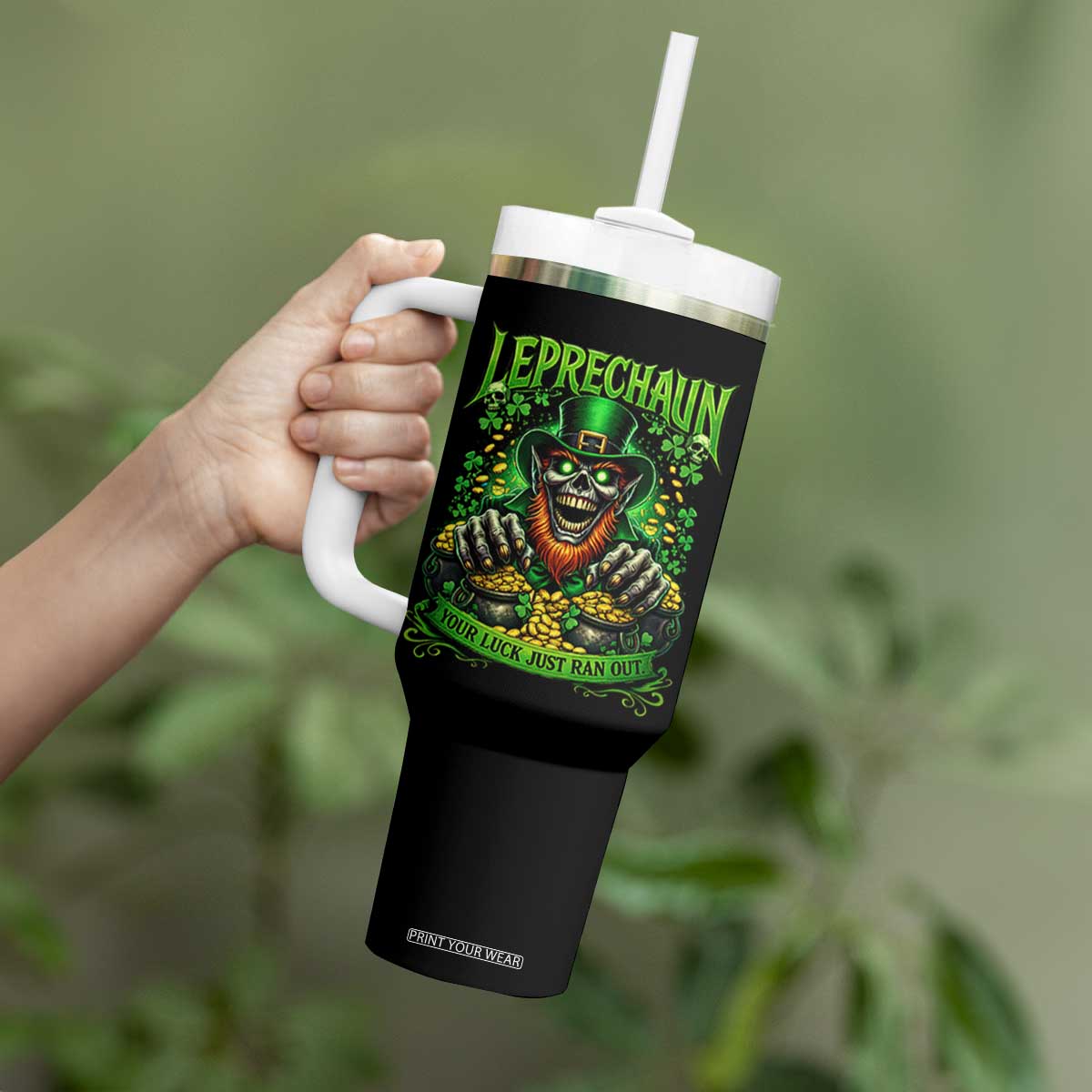 St Patricks Day Horror Leprechaun Tumbler With Handle Your Luck Just Ran Out Creepy St Pattys Day TS11 Print Your Wear