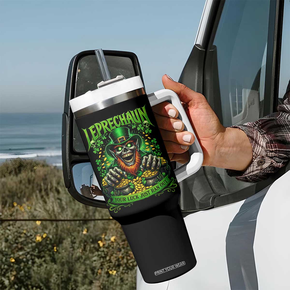 St Patricks Day Horror Leprechaun Tumbler With Handle Your Luck Just Ran Out Creepy St Pattys Day TS11 Print Your Wear