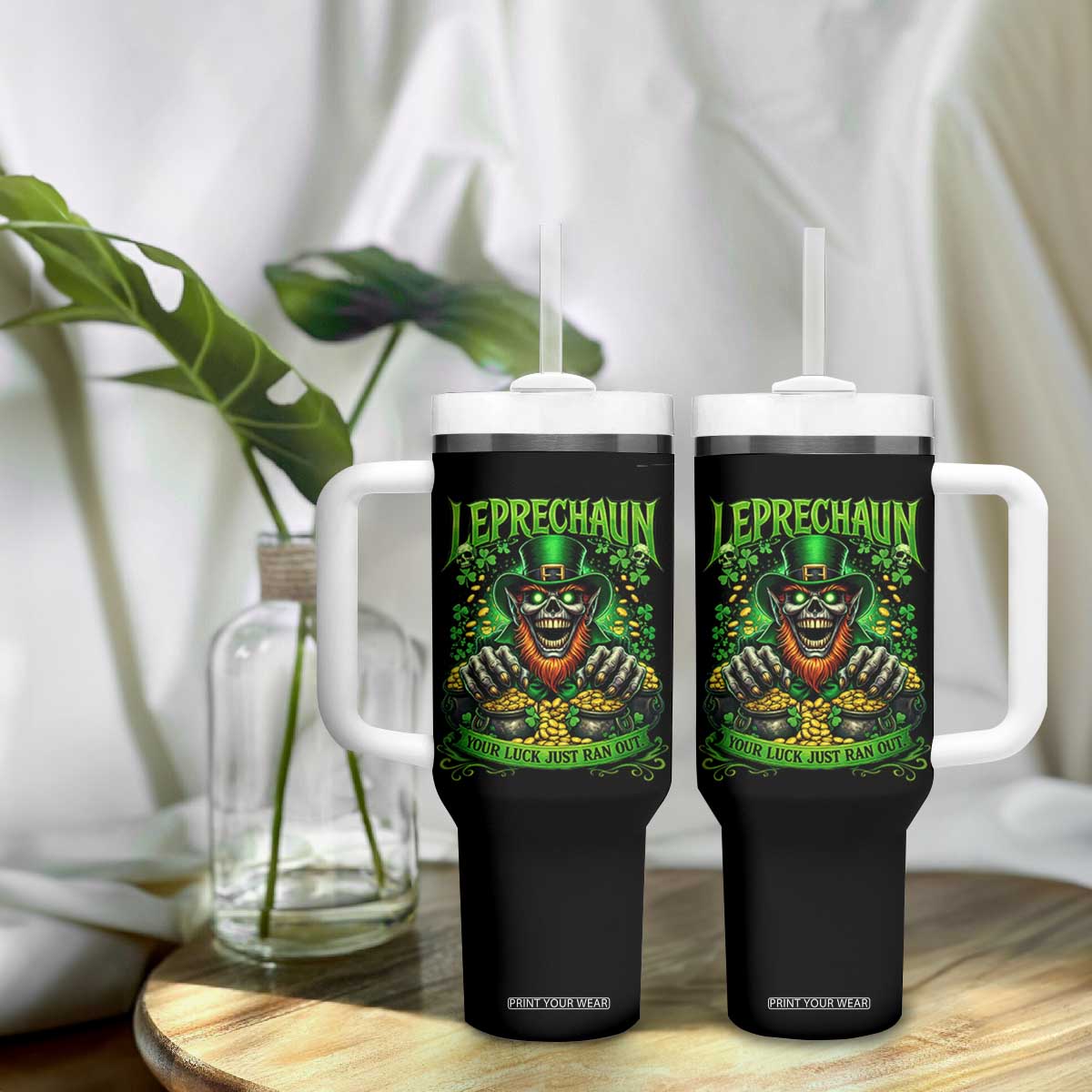 St Patricks Day Horror Leprechaun Tumbler With Handle Your Luck Just Ran Out Creepy St Pattys Day TS11 Print Your Wear
