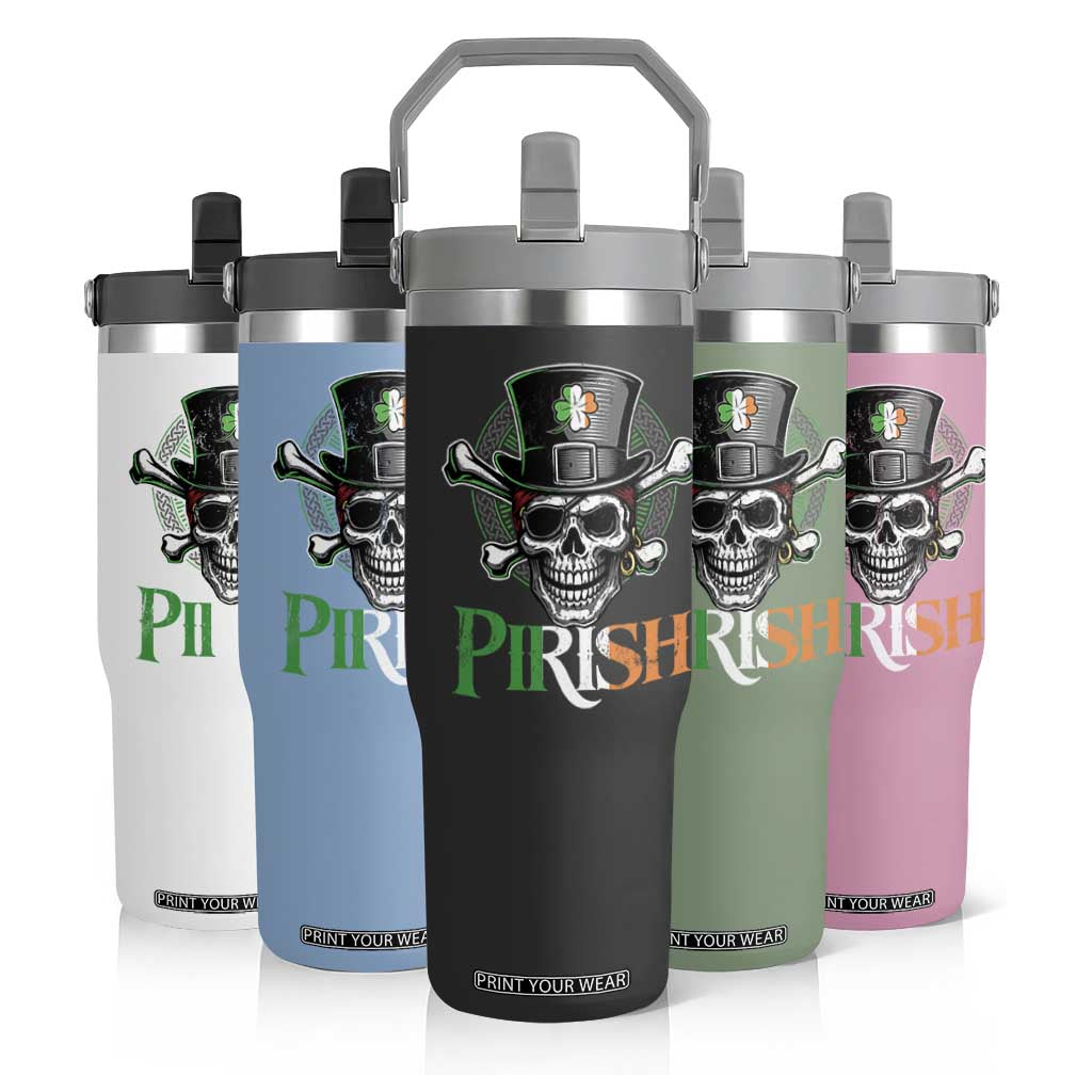 Funny St Patricks Day Pirate Flip Straw Tumbler Pirish Vintage Irish Pirate Skull TS11 Print Your Wear