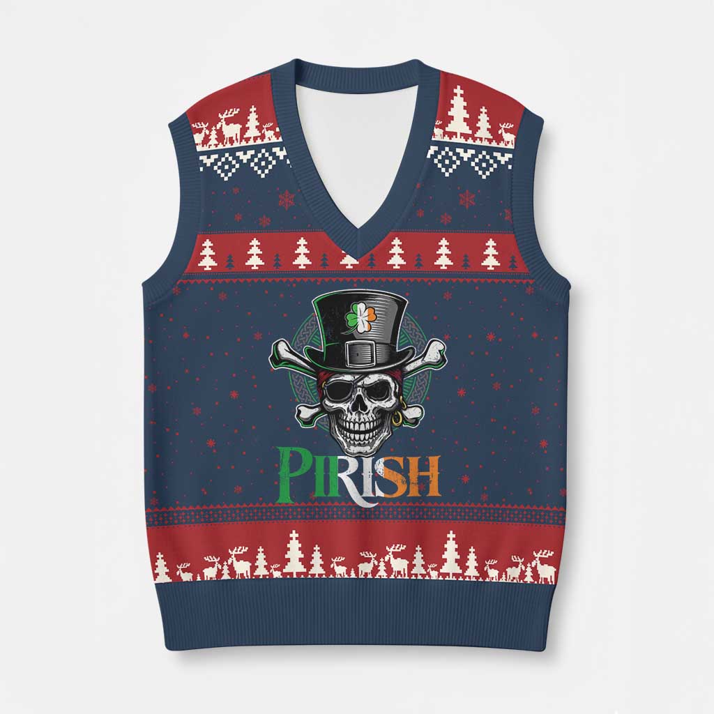 Funny St Patricks Day Pirate V-Neck Knit Sweater Vest Pirish Vintage Irish Pirate Skull TS11 Navy Red Print Your Wear