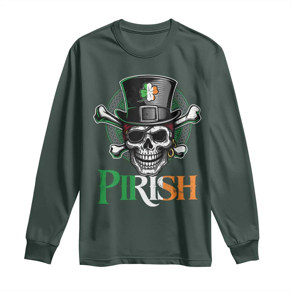 Funny St Patricks Day Pirate Long Sleeve Shirt Pirish Vintage Irish Pirate Skull TS11 Dark Forest Green Print Your Wear