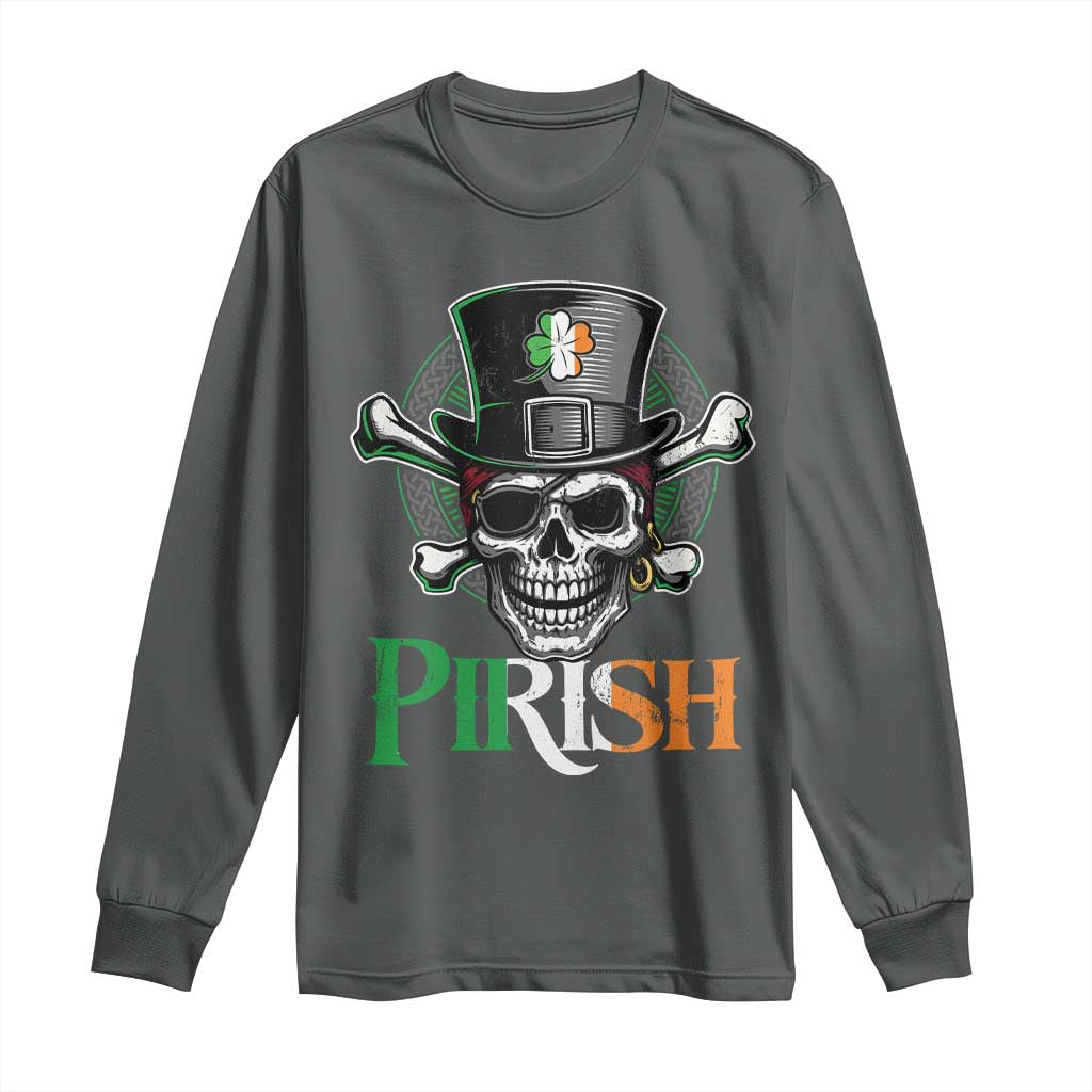 Funny St Patricks Day Pirate Long Sleeve Shirt Pirish Vintage Irish Pirate Skull TS11 Dark Heather Print Your Wear