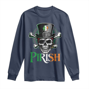 Funny St Patricks Day Pirate Long Sleeve Shirt Pirish Vintage Irish Pirate Skull TS11 Navy Print Your Wear