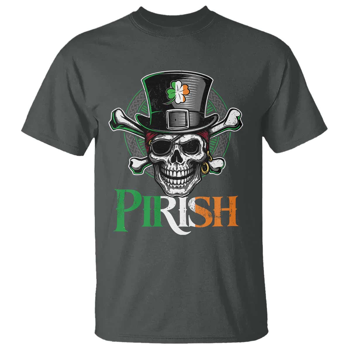 Funny St Patricks Day Pirate T Shirt Pirish Vintage Irish Pirate Skull TS11 Dark Heather Print Your Wear
