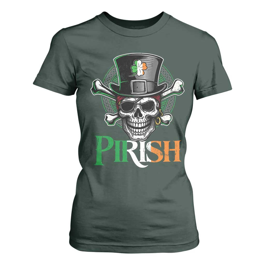 Funny St Patricks Day Pirate T Shirt For Women Pirish Vintage Irish Pirate Skull TS11 Dark Forest Green Print Your Wear