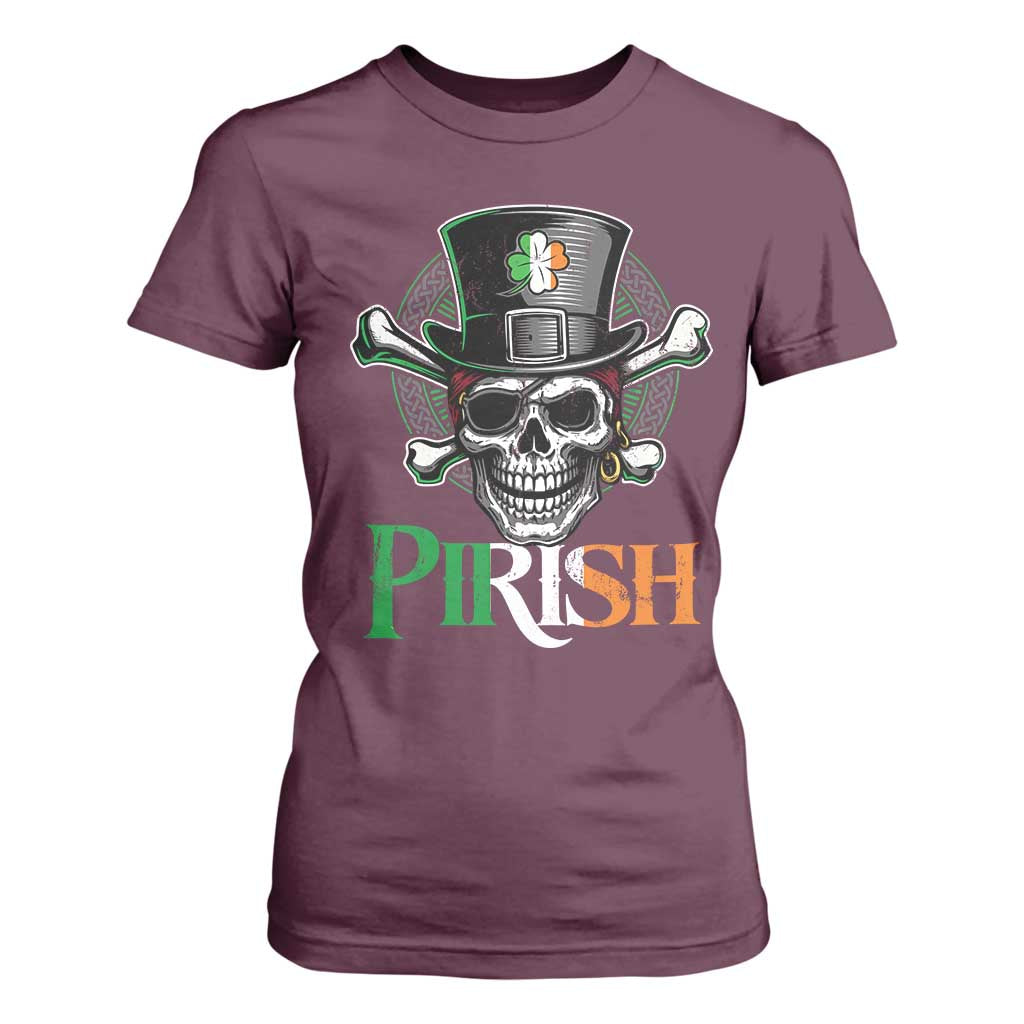 Funny St Patricks Day Pirate T Shirt For Women Pirish Vintage Irish Pirate Skull TS11 Maroon Print Your Wear