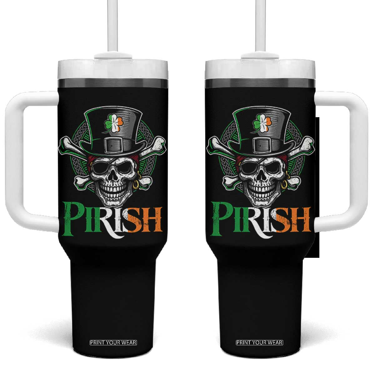 Funny St Patricks Day Pirate Tumbler With Handle Pirish Vintage Irish Pirate Skull TS11 One Size: 40 oz Black Print Your Wear