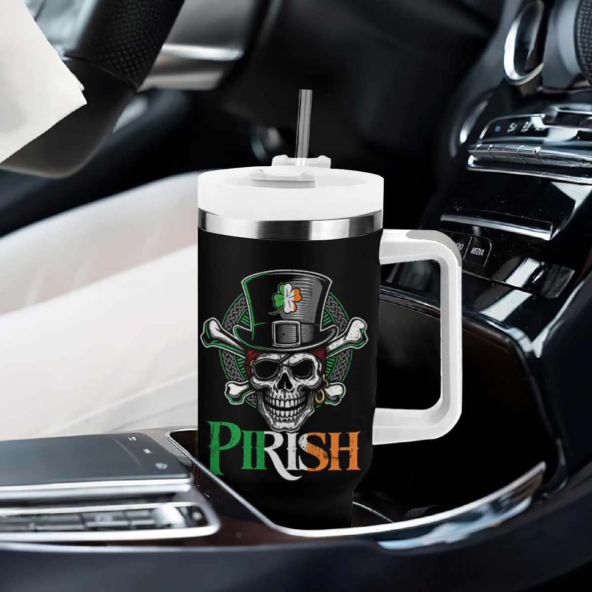 Funny St Patricks Day Pirate Tumbler With Handle Pirish Vintage Irish Pirate Skull TS11 Print Your Wear