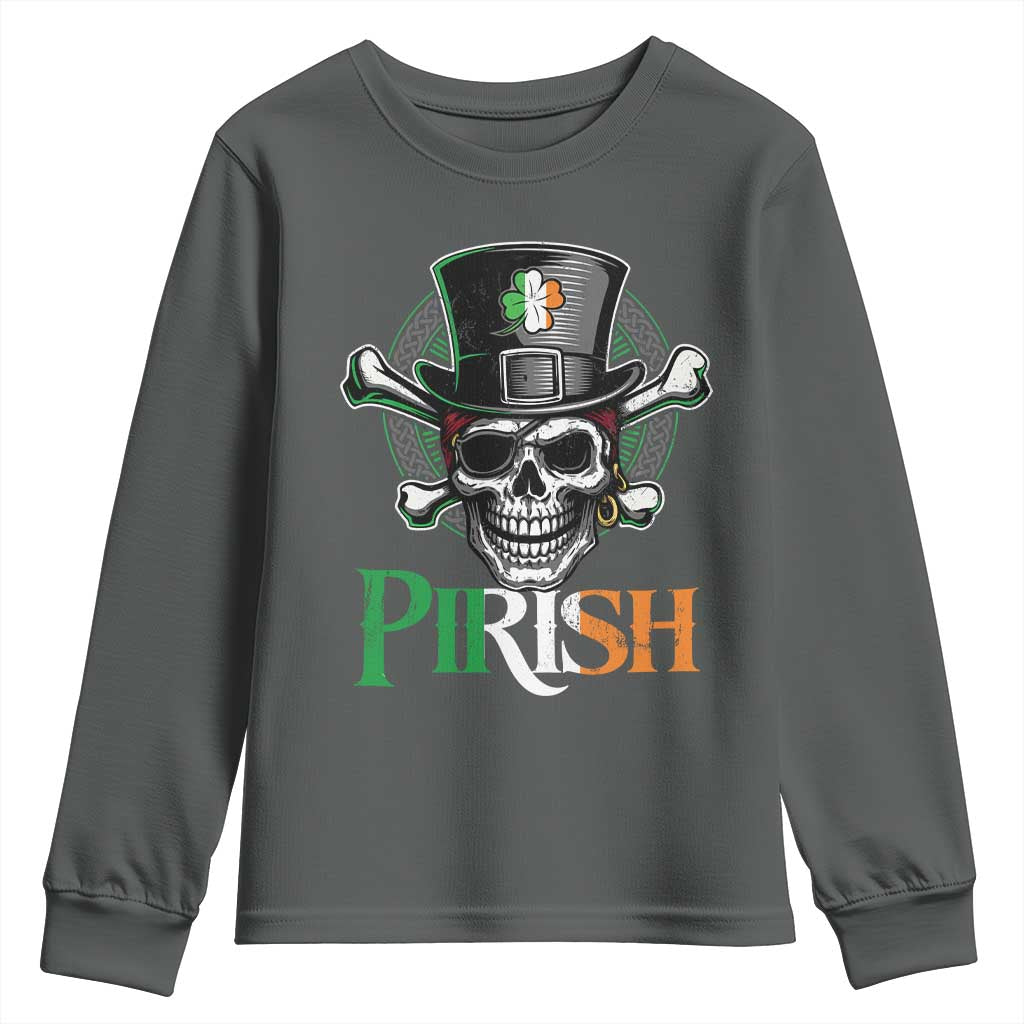 Funny St Patricks Day Pirate Youth Sweatshirt Pirish Vintage Irish Pirate Skull TS11 Dark Heather Print Your Wear
