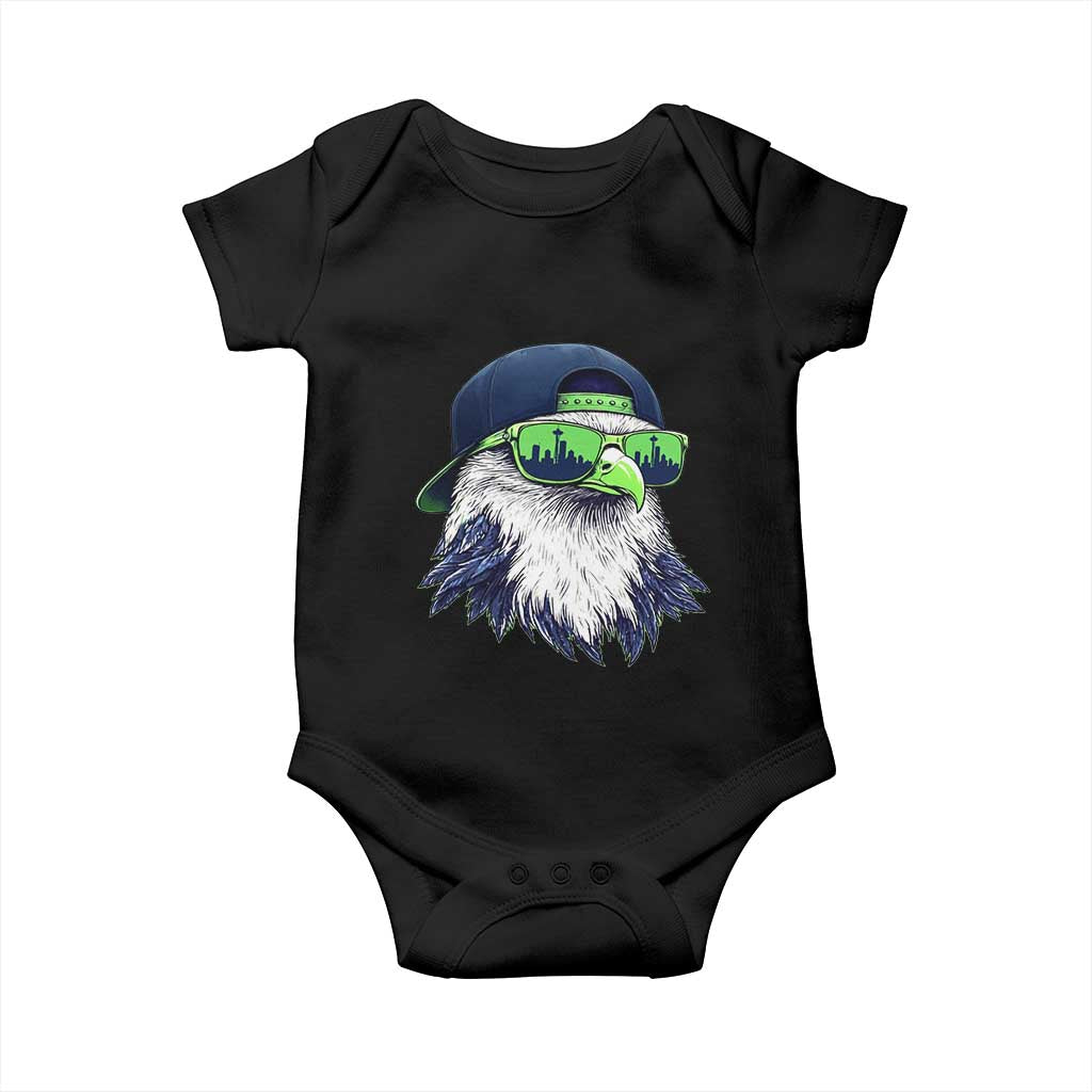 Vintage Hawk Graphic with Seattle Skyline Sunglasses Game Day Baby Onesie TS11 Black Print Your Wear