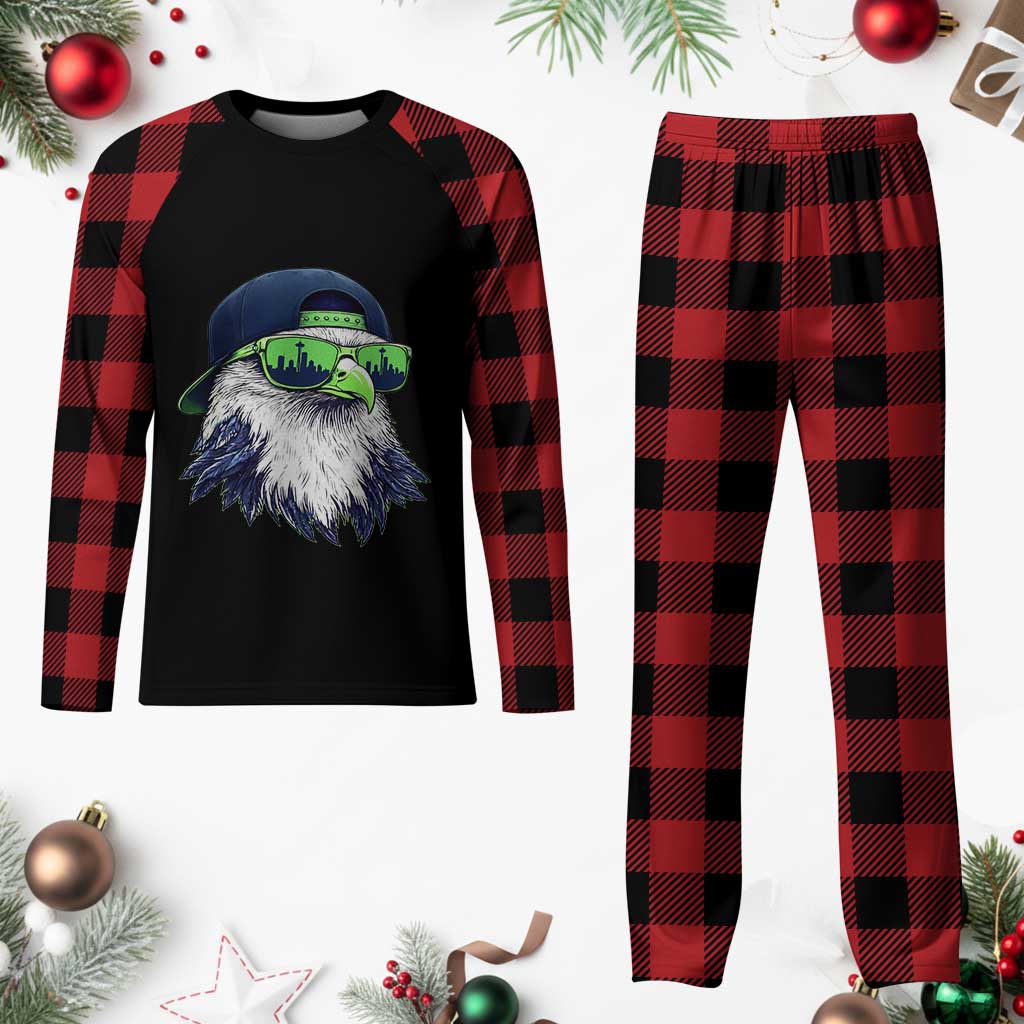 Vintage Hawk Graphic with Seattle Skyline Sunglasses Game Day Plaid Pajama Set TS11 Buffalo Plaid Print Your Wear