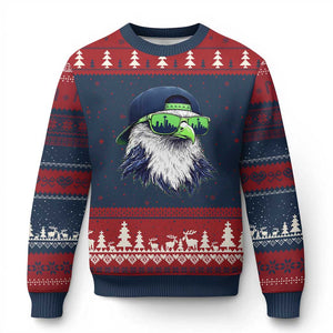 Vintage Hawk Graphic with Seattle Skyline Sunglasses Game Day Ugly Christmas Sweater TS11 Navy Red Print Your Wear