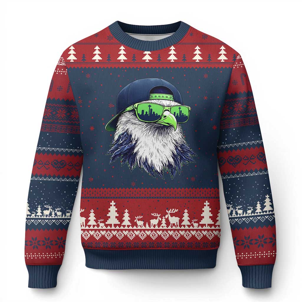 Vintage Hawk Graphic with Seattle Skyline Sunglasses Game Day Ugly Christmas Sweater TS11 Navy Red Print Your Wear