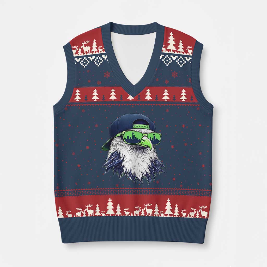Vintage Hawk Graphic with Seattle Skyline Sunglasses Game Day V-Neck Knit Sweater Vest TS11 Navy Red Print Your Wear