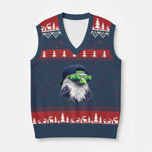 Vintage Hawk Graphic with Seattle Skyline Sunglasses Game Day V-Neck Knit Sweater Vest TS11 Navy Red Print Your Wear