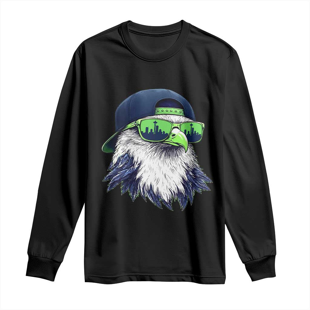 Vintage Hawk Graphic with Seattle Skyline Sunglasses Game Day Long Sleeve Shirt TS11 Black Print Your Wear