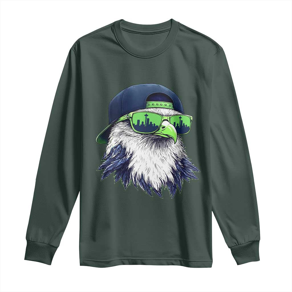 Vintage Hawk Graphic with Seattle Skyline Sunglasses Game Day Long Sleeve Shirt TS11 Dark Forest Green Print Your Wear