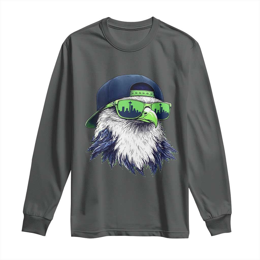 Vintage Hawk Graphic with Seattle Skyline Sunglasses Game Day Long Sleeve Shirt TS11 Dark Heather Print Your Wear