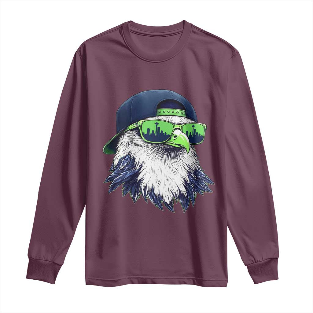 Vintage Hawk Graphic with Seattle Skyline Sunglasses Game Day Long Sleeve Shirt TS11 Maroon Print Your Wear