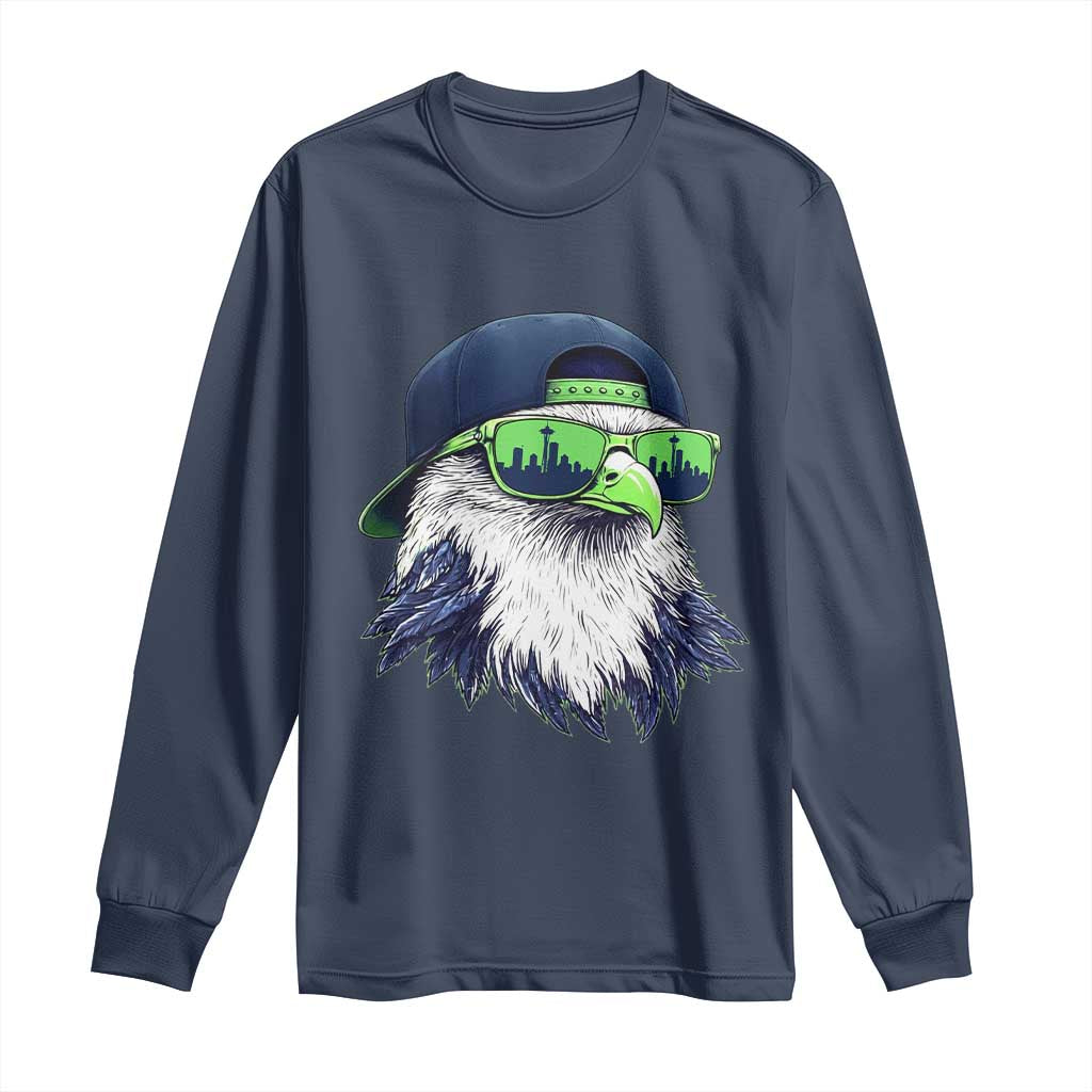 Vintage Hawk Graphic with Seattle Skyline Sunglasses Game Day Long Sleeve Shirt TS11 Navy Print Your Wear