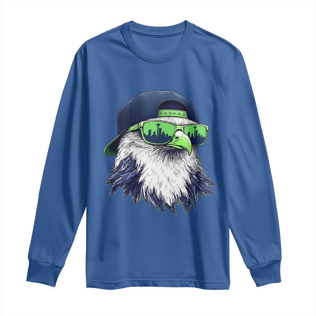Vintage Hawk Graphic with Seattle Skyline Sunglasses Game Day Long Sleeve Shirt TS11 Royal Blue Print Your Wear