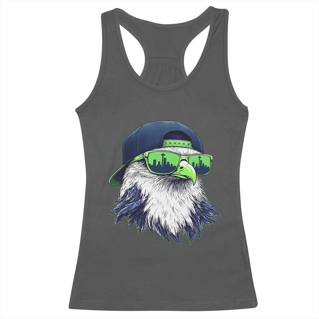 Vintage Hawk Graphic with Seattle Skyline Sunglasses Game Day Racerback Tank Top TS11 Dark Heather Print Your Wear