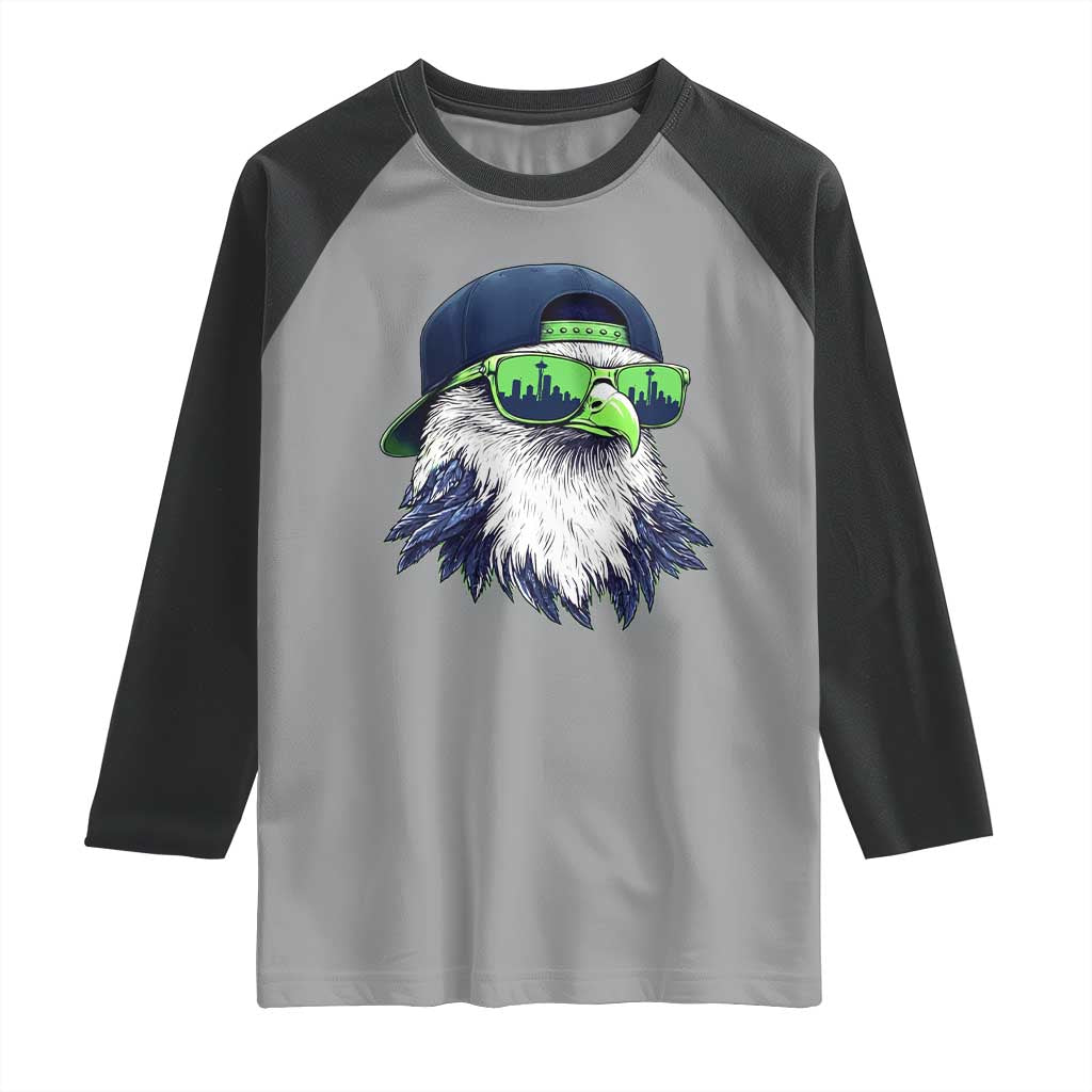 Vintage Hawk Graphic with Seattle Skyline Sunglasses Game Day Raglan Shirt TS11 Sport Gray Black Print Your Wear