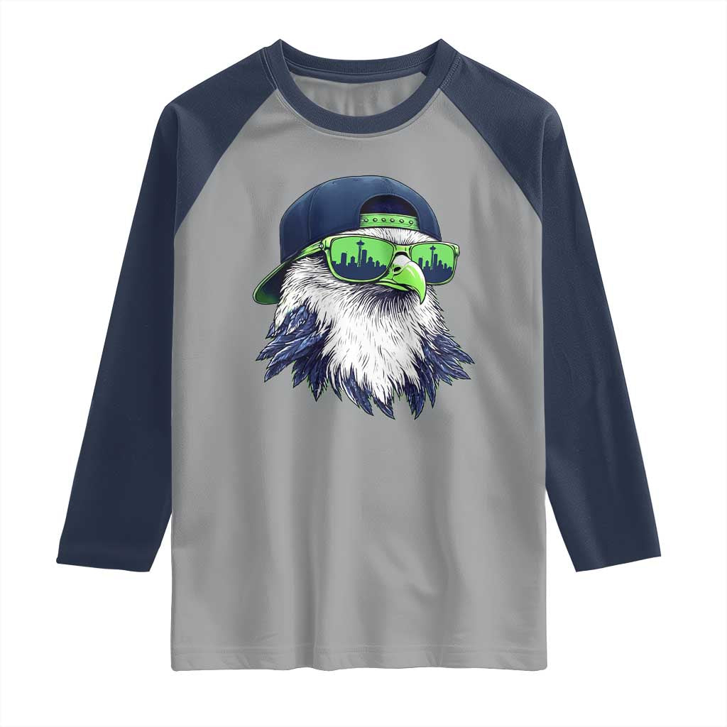 Vintage Hawk Graphic with Seattle Skyline Sunglasses Game Day Raglan Shirt TS11 Sport Gray Navy Print Your Wear