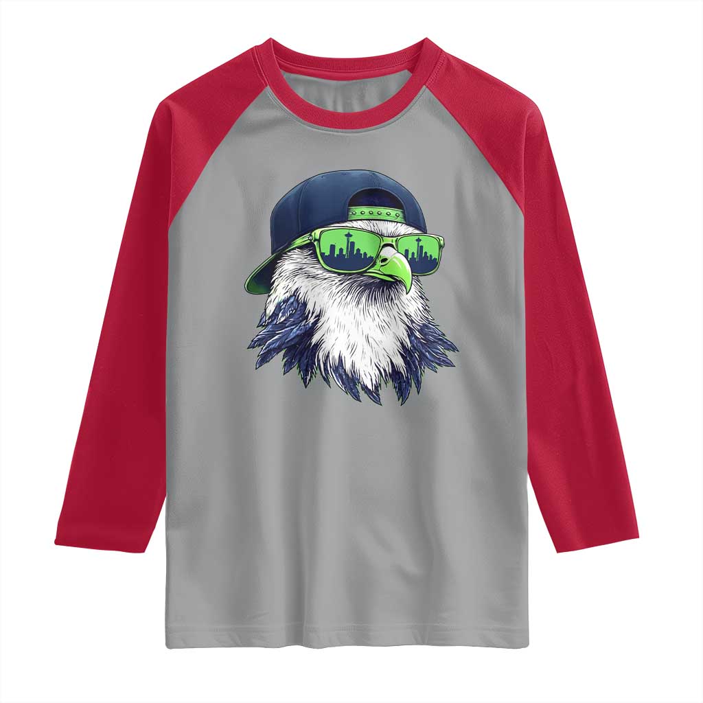 Vintage Hawk Graphic with Seattle Skyline Sunglasses Game Day Raglan Shirt TS11 Sport Gray Red Print Your Wear