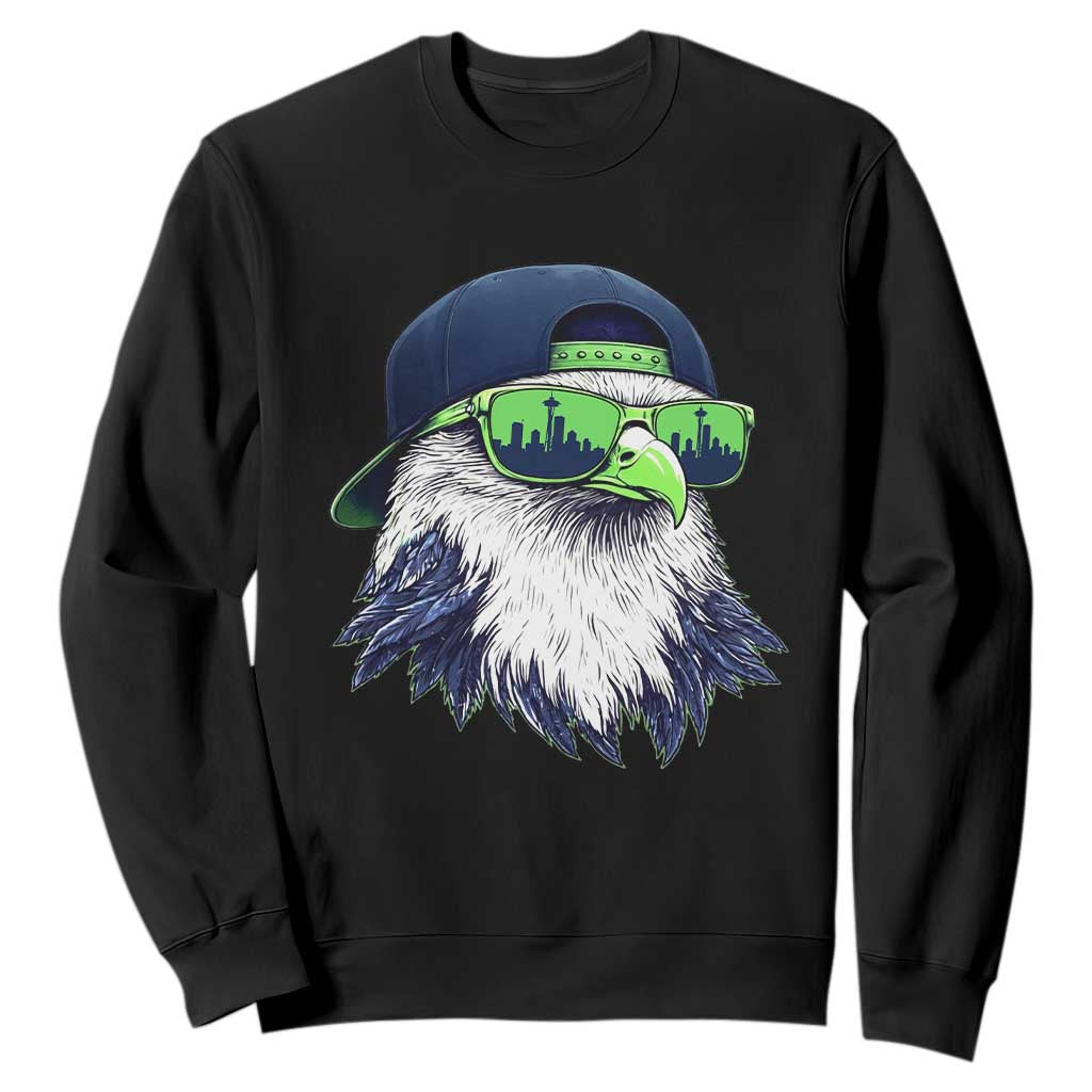 Vintage Hawk Graphic with Seattle Skyline Sunglasses Game Day Sweatshirt TS11 Black Print Your Wear