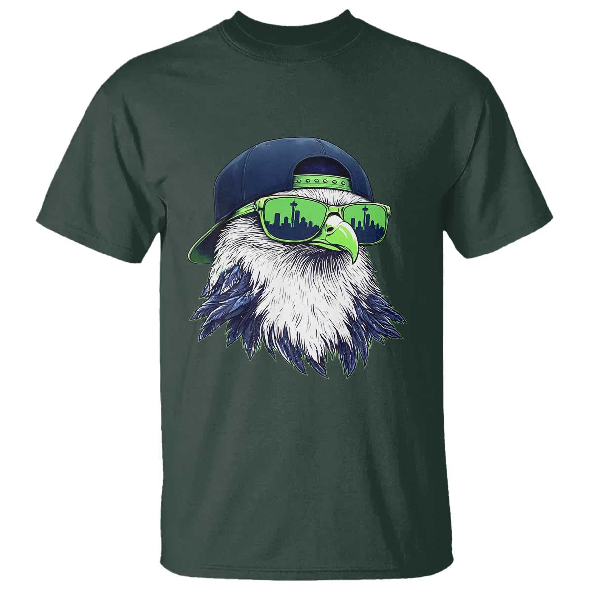 Vintage Hawk Graphic with Seattle Skyline Sunglasses Game Day T Shirt TS11 Dark Forest Green Print Your Wear