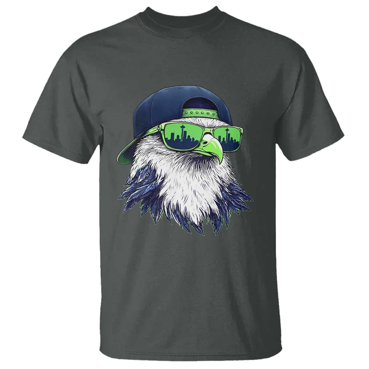 Vintage Hawk Graphic with Seattle Skyline Sunglasses Game Day T Shirt TS11 Dark Heather Print Your Wear